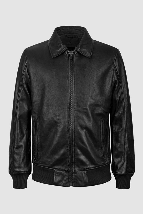 Mens Detachable Borg Collar Black Genuine Leather Jacket