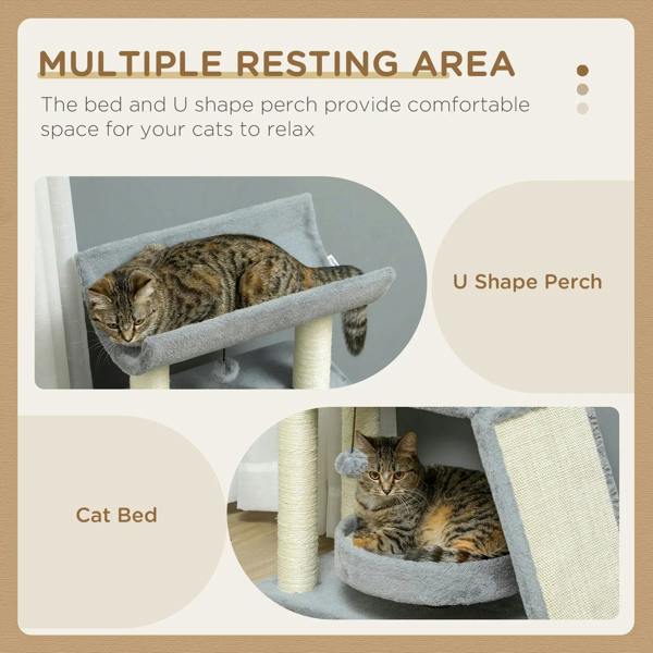 Light grey cat tree tower showing U-shape perch and cat bed with multi-level resting areas
