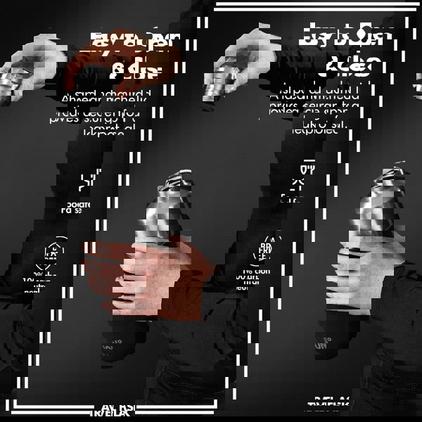 Hands holding and unscrewing a stainless steel flask lid in a dim setting Text reads Easy to Open & Close A shaped and machined lid provides a secure grip for a leakproof seal Food safe BPA FREE 100% carbon neutral TRAVEL FLASK