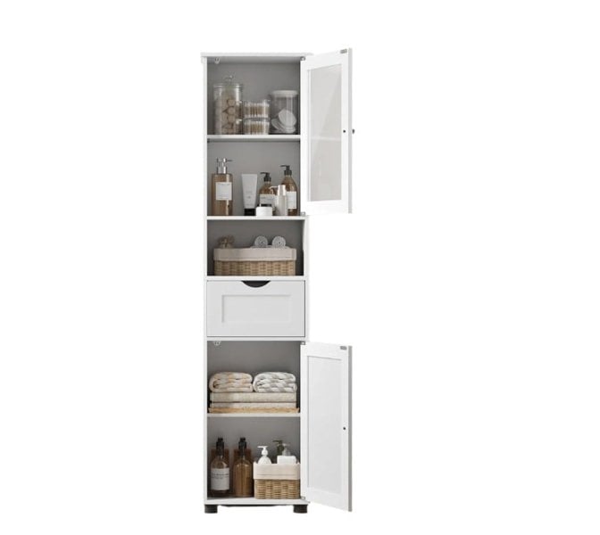 Modcraft Free-Standing Tall Bathroom Cabinet with Drawer, Glass Door & Open Shelf - Cloud White