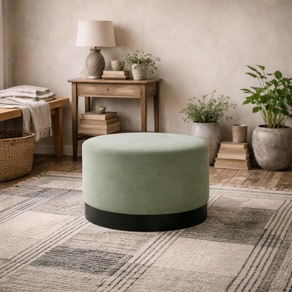 Wyld Haus Kalua Large Sage Green Round Velvet Stool Matt Black Base