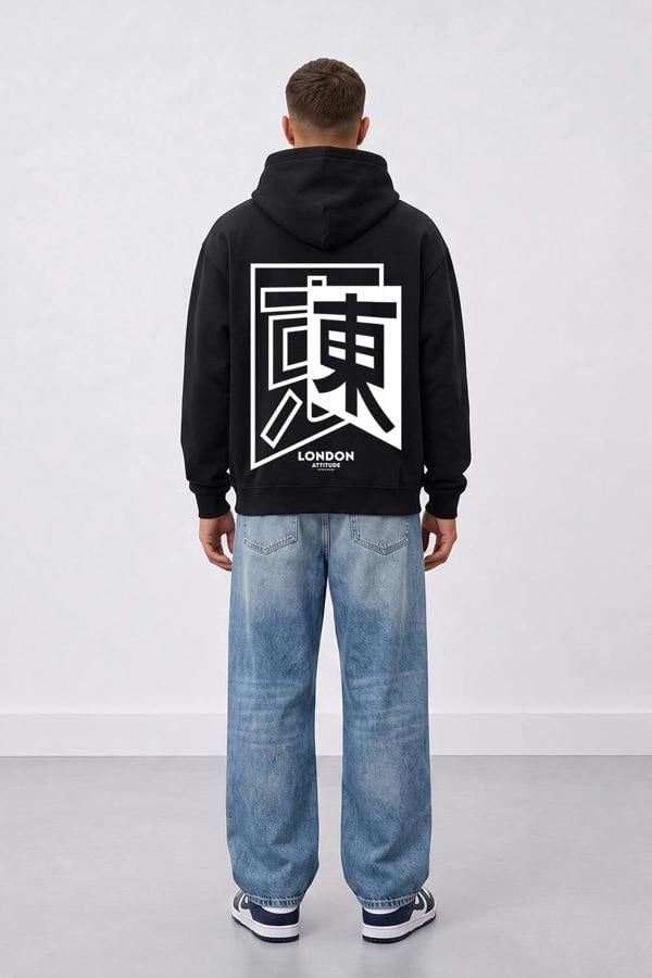 London Attitude Oversized Japanese Inspired Graphic Hoodie in Black