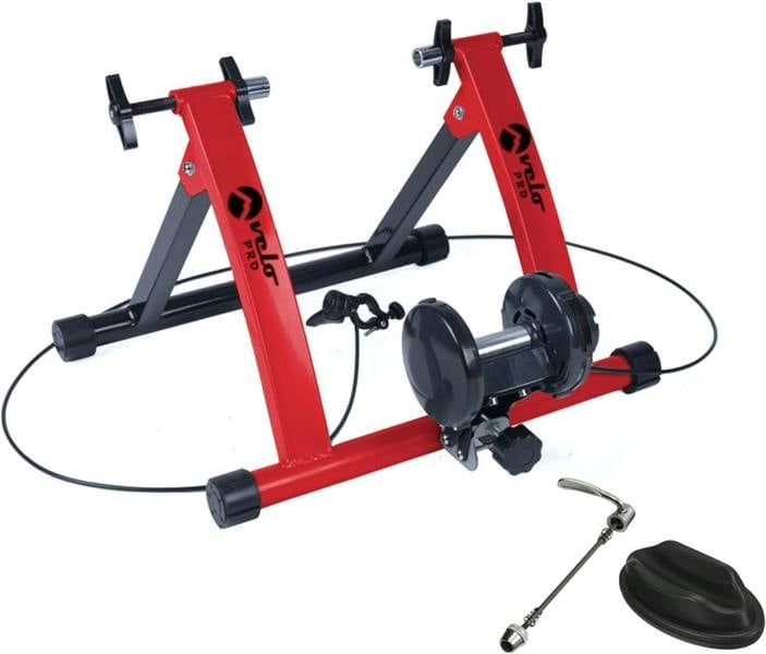Velo Pro Red Magnetic Turbo Trainer features a sturdy red and black frame, adjustable resistance, and a compact design for indoor cycling workouts