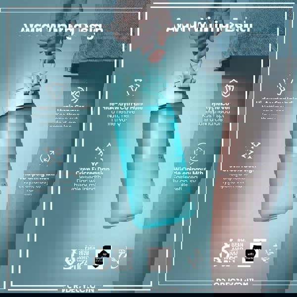 A light teal water bottle is held; it features a hide-away handle, hygiene cover, and wide mouth. Award-winning design, noted.