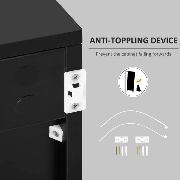 Black sideboard with anti-toppling hardware and mounting brackets detail