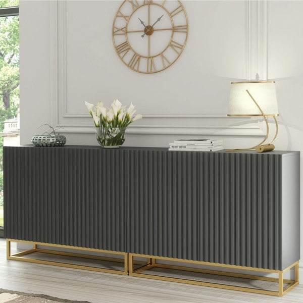 Mex Furniture Sophisticated Grey Sideboard with Fluted Fronts & Gold Legs – 200cm Storage Unit