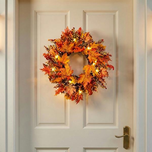 Garden Greatness Lighted Maple Leaves Rattan Wreath