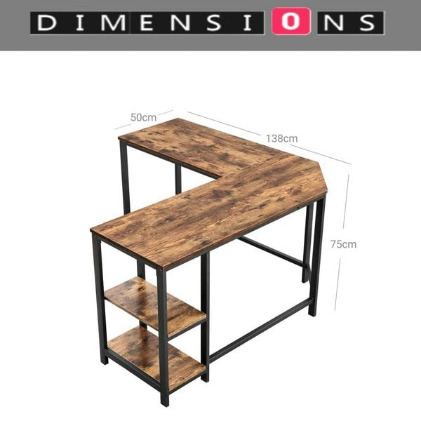 Modcraft Rustic Brown & Black L-Shaped Computer Desk with Storage Shelves – 138x138 cm