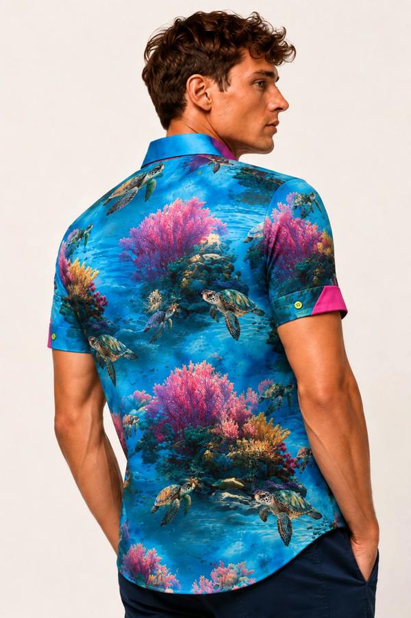 Claudio Lugli Tropical Reef Turtle Print Short Sleeve Shirt