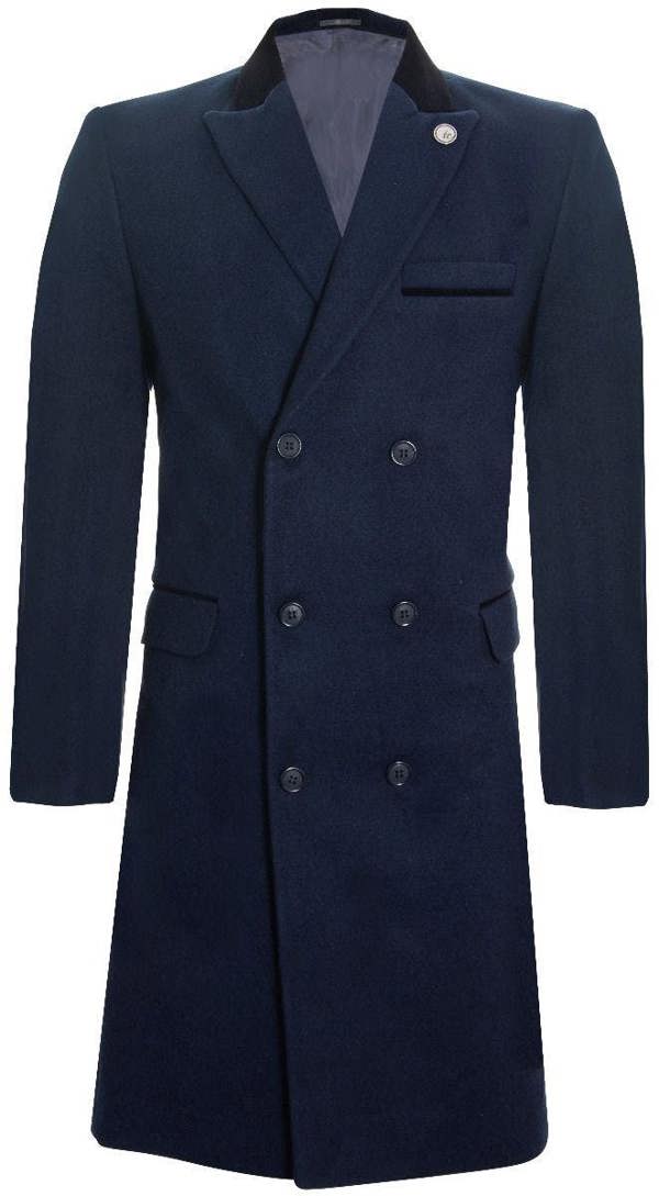 TruClothing Mens 3/4 Long Double Breasted Navy Overcoat Wool Coat Peaky Blinders