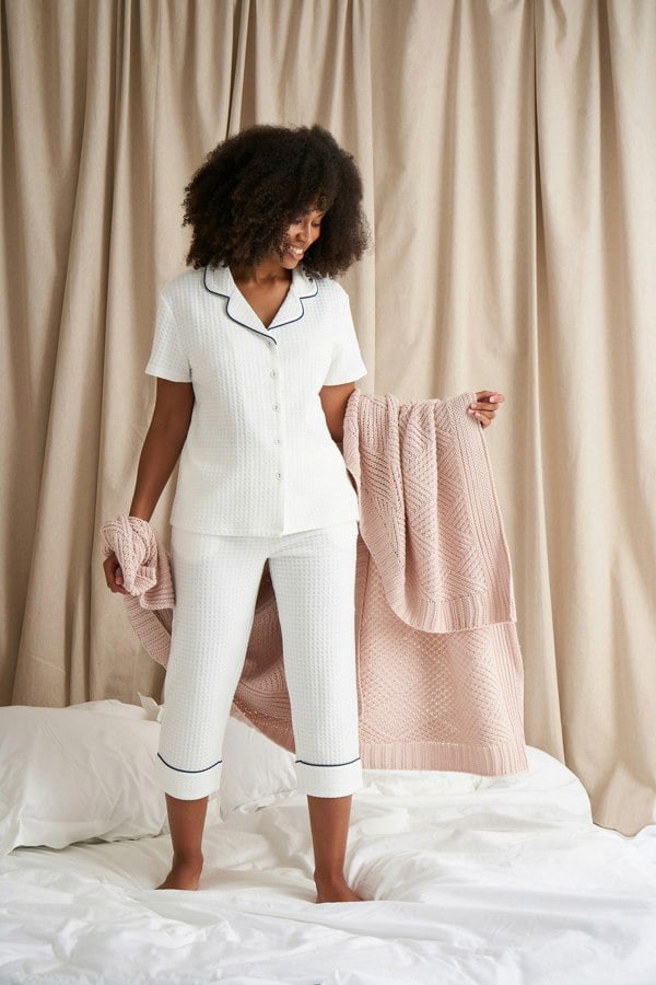 Pretty You London Women's Luxury Suite Waffle Short Shirt Trouser Pyjama Set in White
