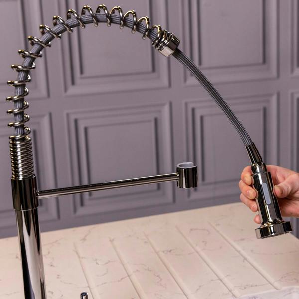 Flode Fjädra | Pull Out Kitchen Sink Mixer Tap | Spring Style Mixer Tap | Chrome | Round Head