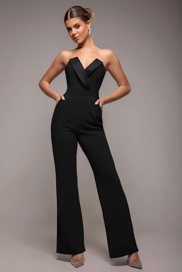Goddiva Satin Collar Scuba Jumpsuit - Black by Goddiva