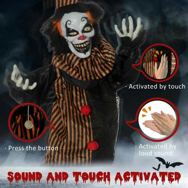 Creepy clown animatronic decoration with glowing eyes, black-and-orange striped suit