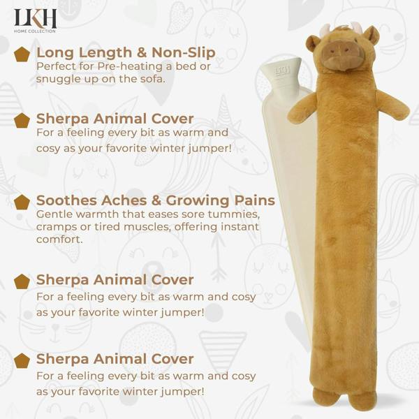 LKH HOME COLLECTION Long Hot Water Bottle With Cover 2L Removable Washable Sherpa Cover, Anti-Leak Stopper & Double Ribbed