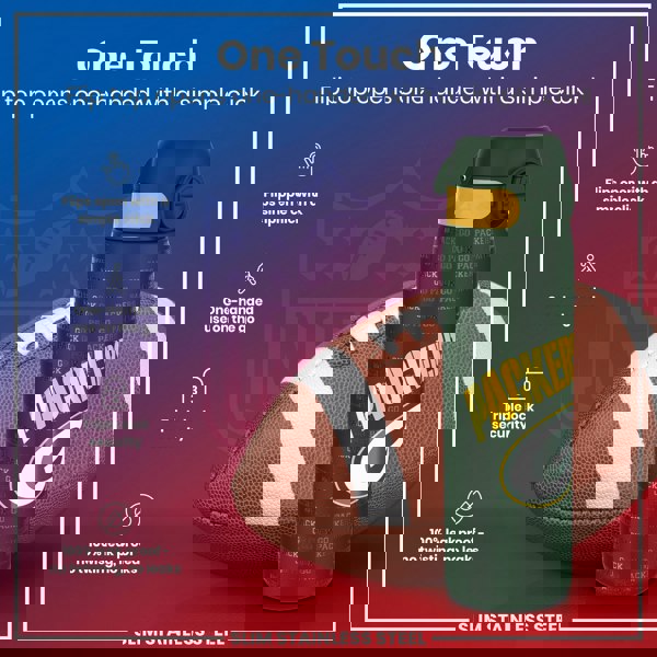 A Green Bay Packers-themed water bottle rests next to an American football. Its flip top opens one-handed. The bottle is slim and made of stainless steel.