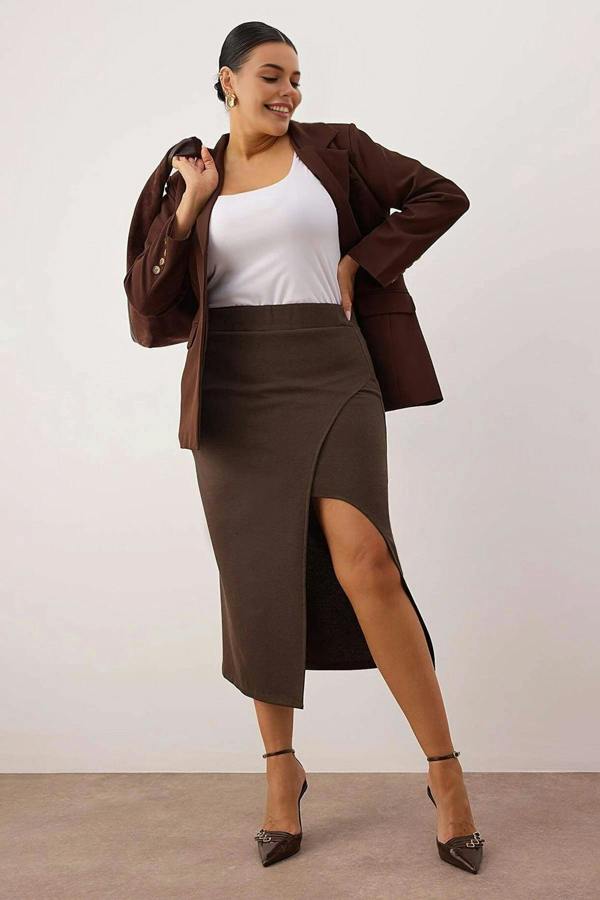 WOVCOR Slit Detail Knitted Stretch Fabric Plus Size Midi Skirt