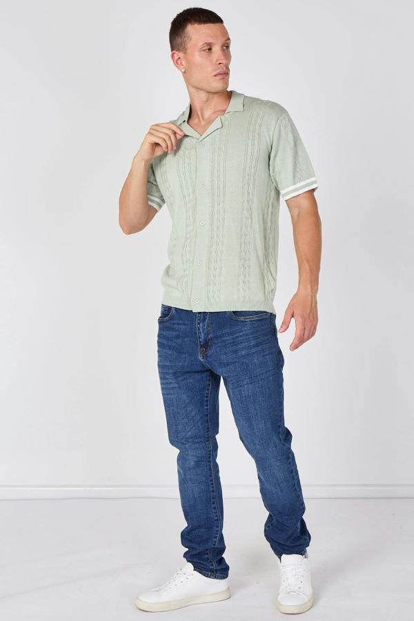 Sage Green Textured Knitted Button-Through Polo Shirt