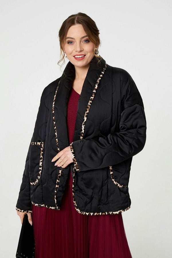 Black | Animal Print Trim Open Front Padded Coat
