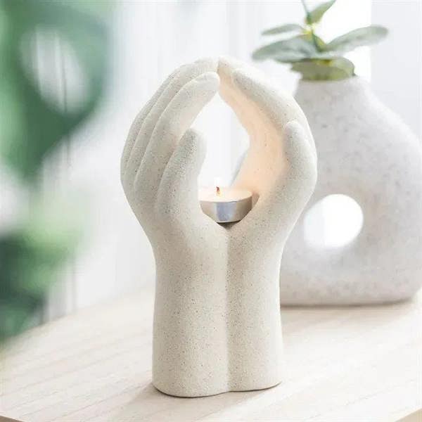 Praying hands tealight holder, off-white ceramic with round candle well