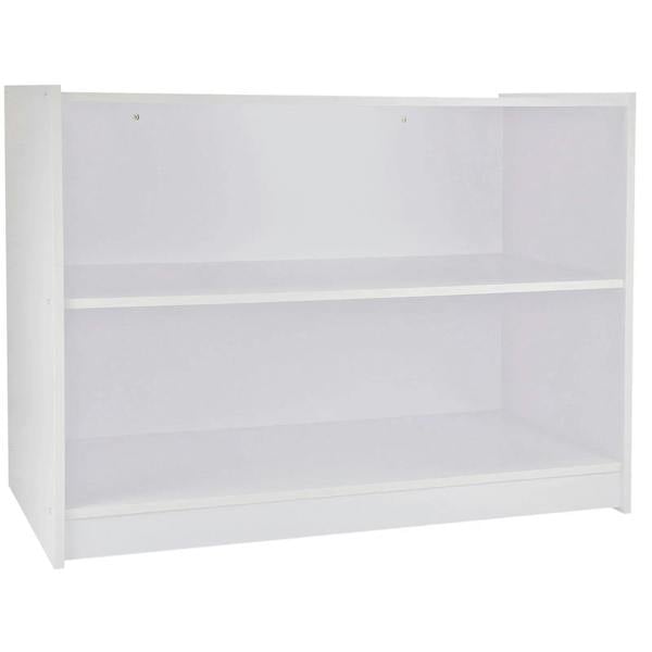 Brilliant white retail shop counter featuring two spacious shelves, sleek design, and smooth finish, ideal for showcasing products