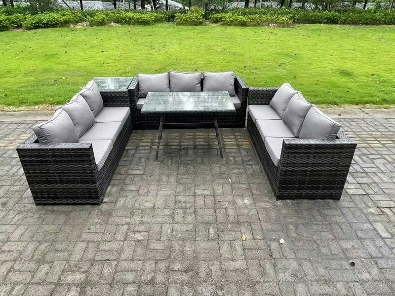 Fimous Rattan Outdoor Garden Furniture Set Garden Dining Table Set with Patio Side Table 9 Seater Dark Grey Mixed