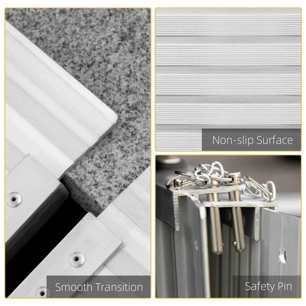 Aluminum ramp with non-slip ribbed surface, smooth transition edge, and safety hardware