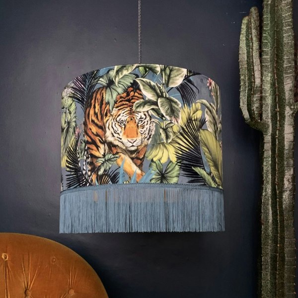 Big Cat Velvet Lampshade With Gold Lining And Fringing