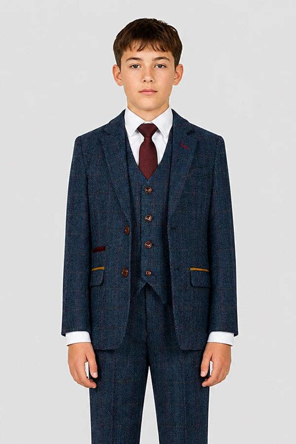 Paul Andrew Scott - Boys Navy Herringbone Tweed Check 3 Piece Suit