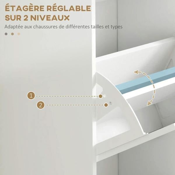 Adjustable two-tier shoe shelf inside the white cabinet with a movable support rail