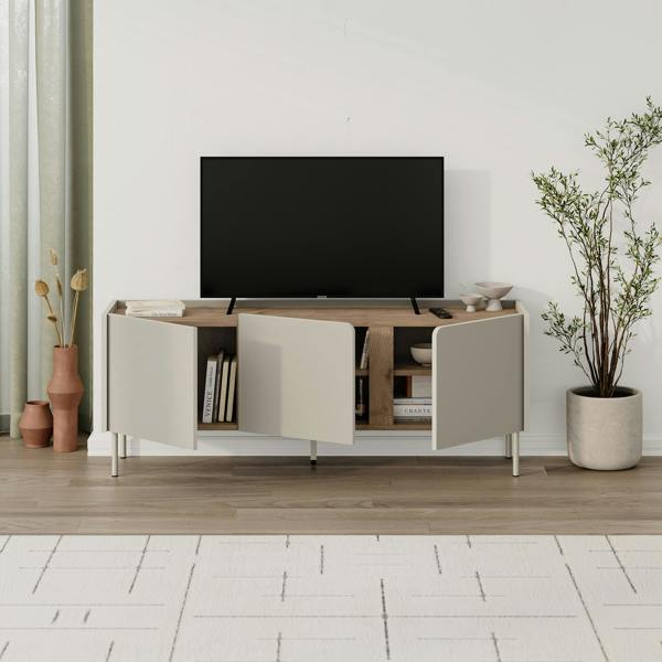 Decortie Modern 140cm TV Stand Unit Up to 50" TVs, 3 Soft-Close Door, 5 Storage Cabinet Shelves, Metal Legs
