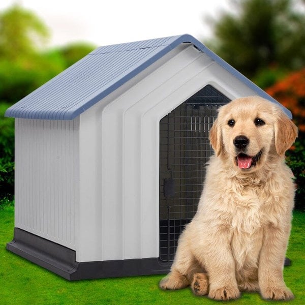 Large Blue-Top Plastic Dog House with Iron Door Living and Home