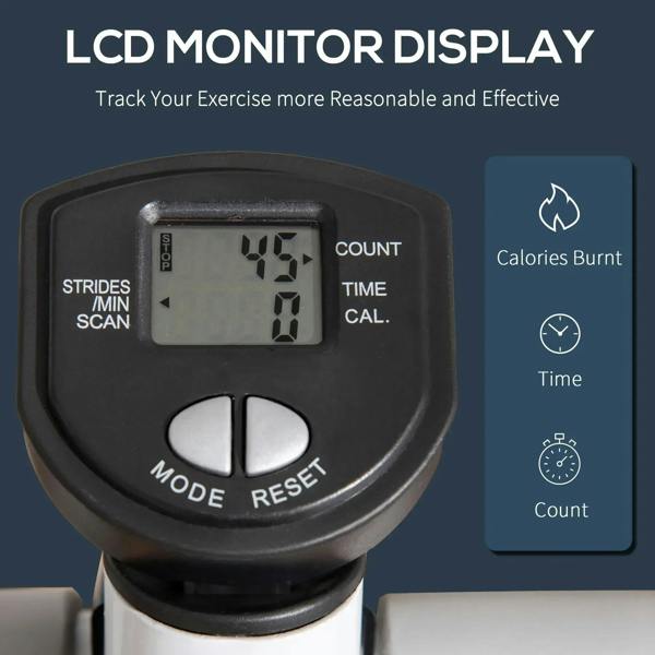 LCD monitor display on twist stepper showing workout metrics like count, time, and calories