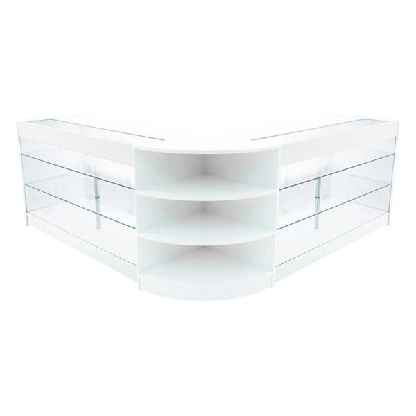 White Apollo LED shop counter set featuring a sleek, modern design with glass shelves and curved edges, ideal for retail displays