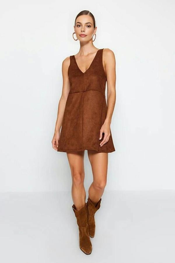 WOVCOR V-Neck Vest Suede Mini Knit Dress