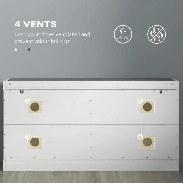 White shoe storage bench base with four ventilation vents