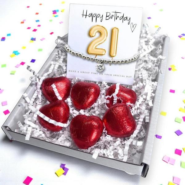 Aye Do Gifts 21st Birthday Gift Box, Cubic Zirconia Bracelet & Chocolate Hearts