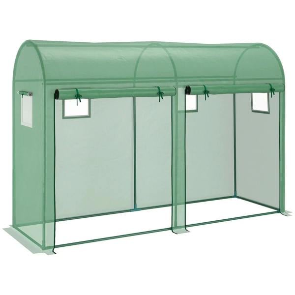 Green walk-in greenhouse with PE cover, steel frame, double doors and four window panels