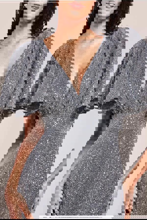 Sequin Lurex Flutter Sleeve Maxi Dress - Silver DR3680