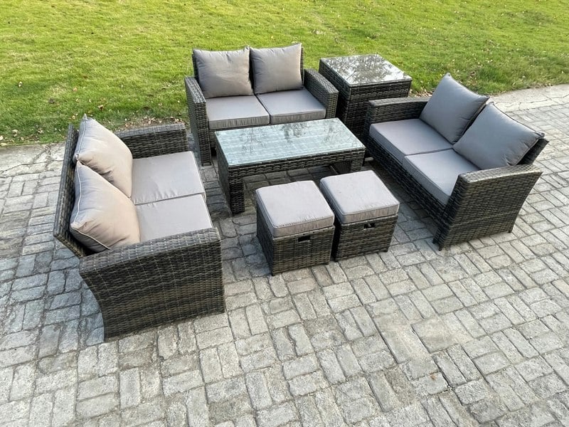 Fimous 7-Piece Outdoor Lounge Sofa Set - Dark Grey Mixed Wicker PE Rattan Garden Furniture with Coffee Table & 2 Small Footstools