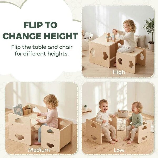 Montessori Inspired Toddler Table and Chair Set with 3-Level Heights, Weaning Baby Tables Chair Set for 18-36 M, Natural