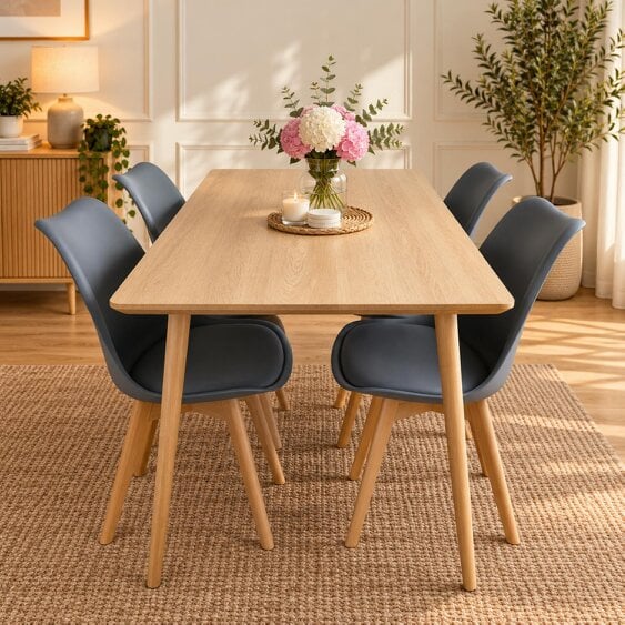 Kosy Koala Modern Rectangle Wood Effect Dining Table Set With 4 Grey Plastic Chairs Dining Room Furniture