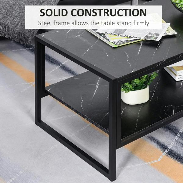 Black two-tier coffee table with faux marble effect top, sturdy metal frame, open shelf