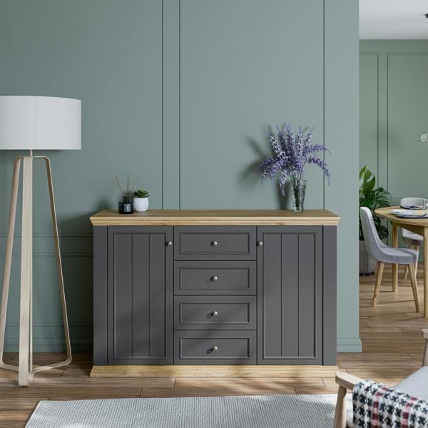 Furniture To Go Pontypool 4 Drawer & 2-Door Sideboard in Grey and Mauvella Oak