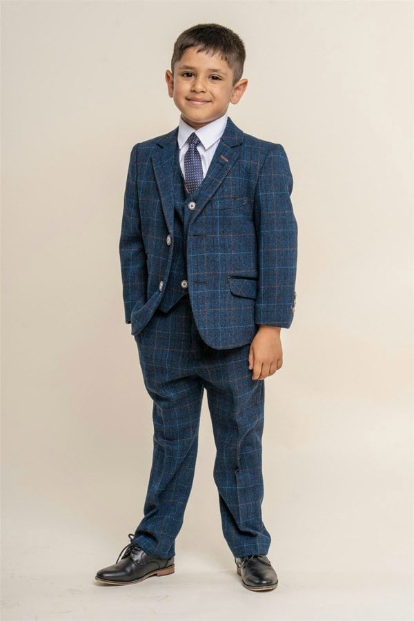 Cody blue boys tweed three piece suit front