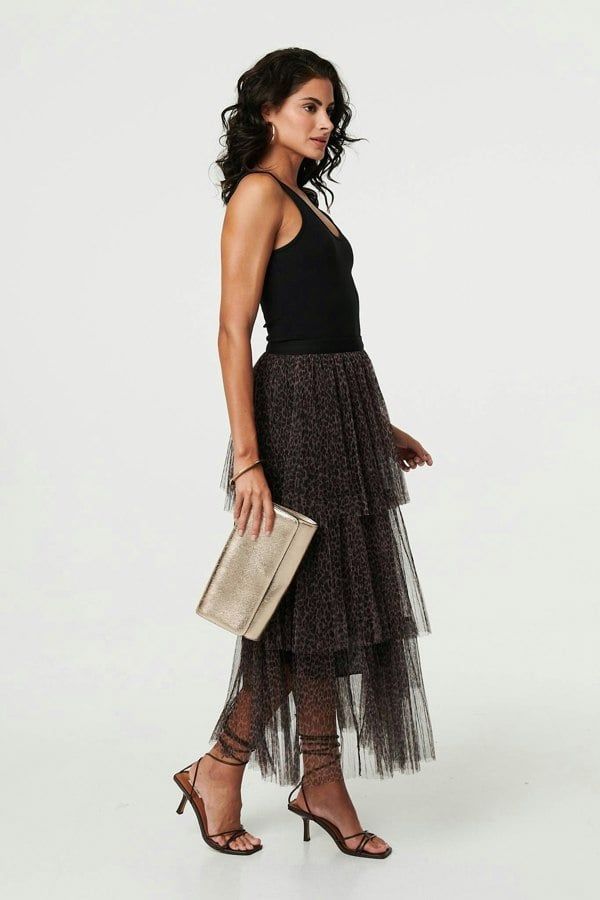 Brown | Animal Print Tiered Midi Skirt
