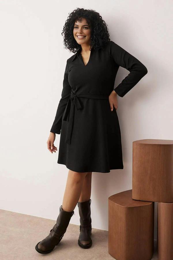 WOVCOR Polo Collar A-Line Knitted Plus Size Dress