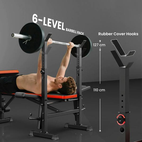 Barbell rack workout bench with adjustable hooks and black frame, red seat pad