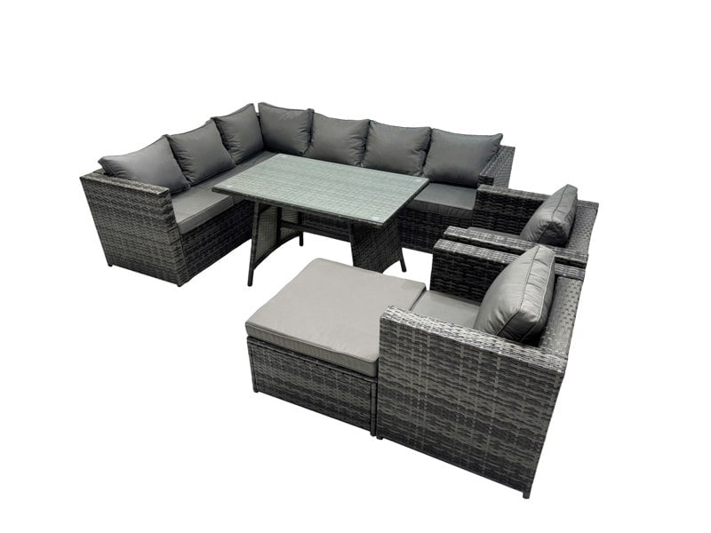 Fimous 9 seater Outdoor PE Rattan Sofa Set with Dining Table Patio Garden Furniture Sets with 2 Chair Big Stool Dark Grey Mixed