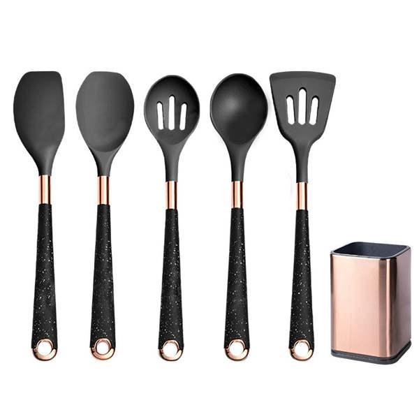 Anygleam Nonstick Kitchen Utensils Set Black 5pcs Gold Handle with Support Point Storage Box Heat Resistant Cooking Tools Accessories